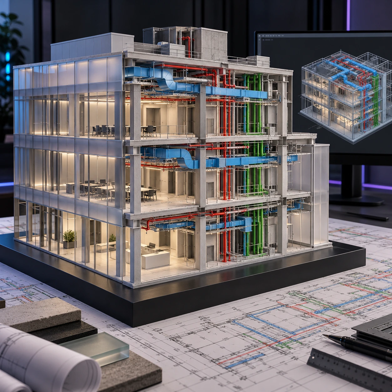 Coordinated building model showing structural and mechanical systems