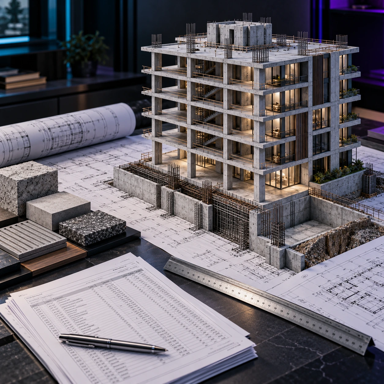 Civil engineering structural model with construction drawings and quantity planning documents