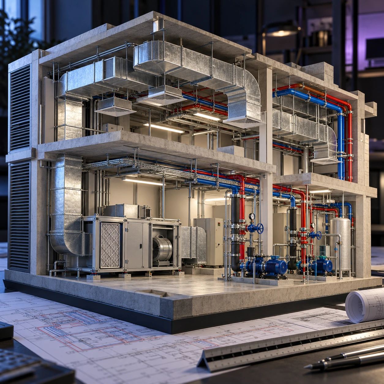 Mechanical building systems with ventilation ducts, pipes and plant equipment
